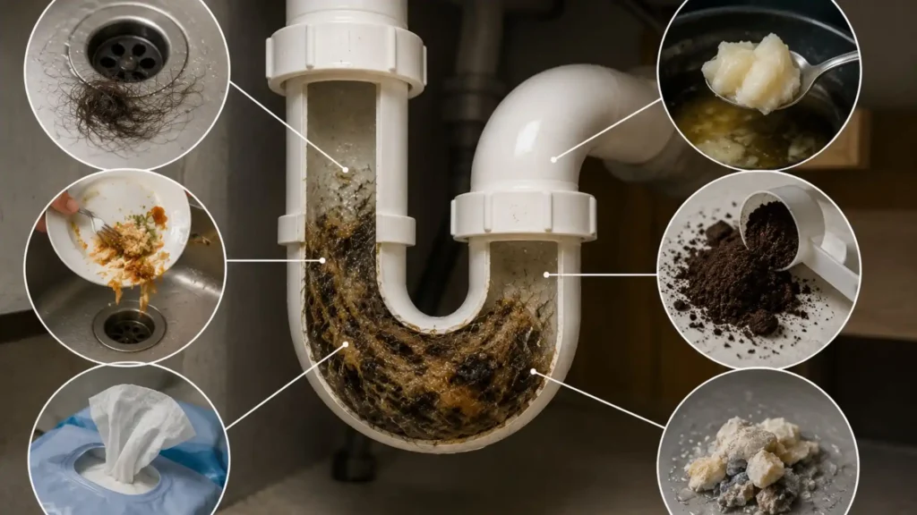 What causes most drain blockages in homes