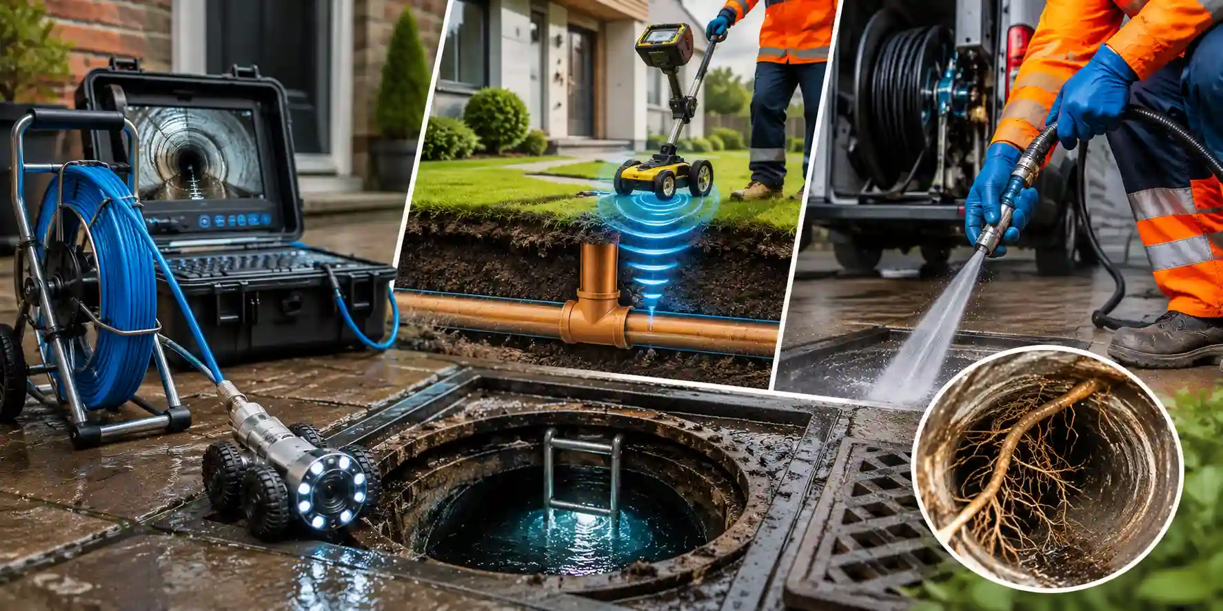 Drainage engineer conducting a CCTV drain inspection for diagnostics