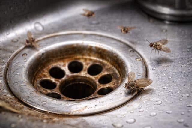 Small drain flies resting around a bathroom sink drain, indicating a drain fly infestation.