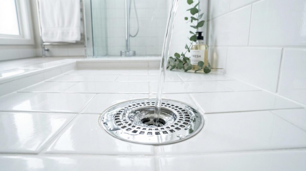 A clean bathroom drain and sink representing proper drain maintenance to prevent drain flies from returning.