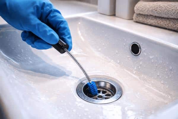 A drain brush cleaning organic sludge and biofilm from a kitchen sink drain to remove drain fly breeding areas.