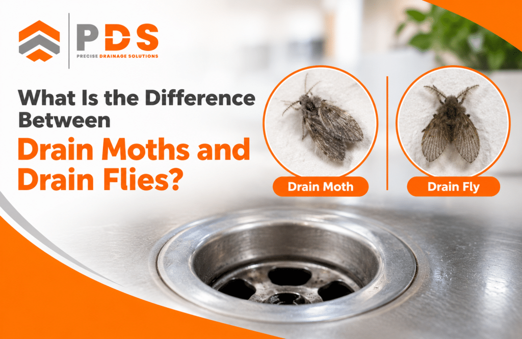 Drain moths vs drain flies showing their fuzzy bodies and moth-like wings near a household drain.