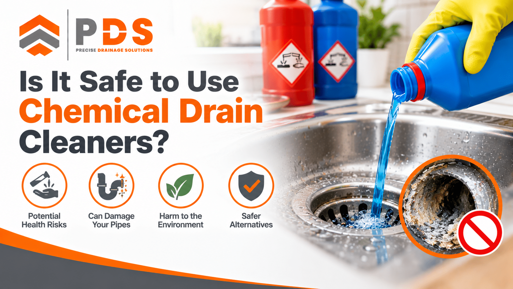 Chemical drain cleaner being used near a blocked household sink