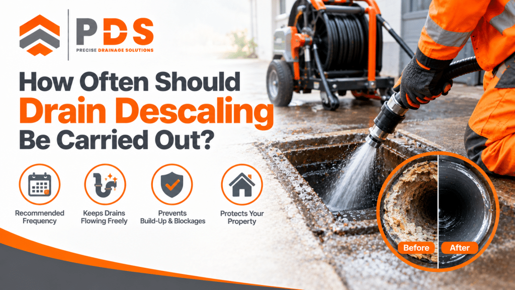 Drain descaling to remove limescale buildup from inside a drainage pipe