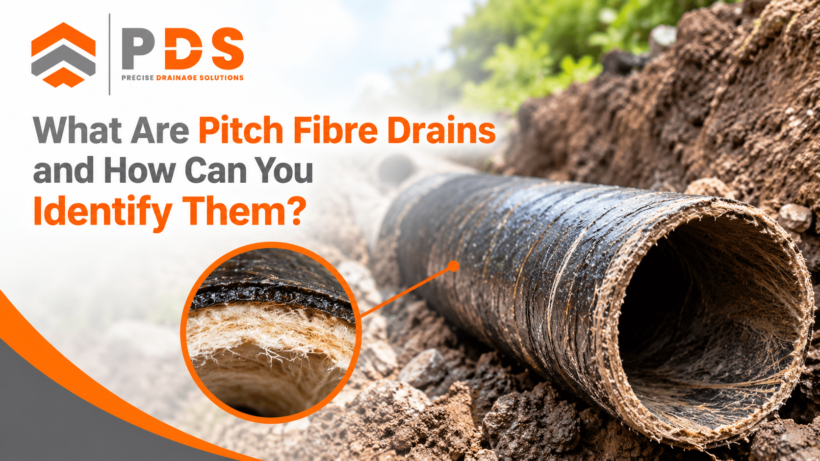 Ageing pitch fibre drain pipe showing signs of deterioration